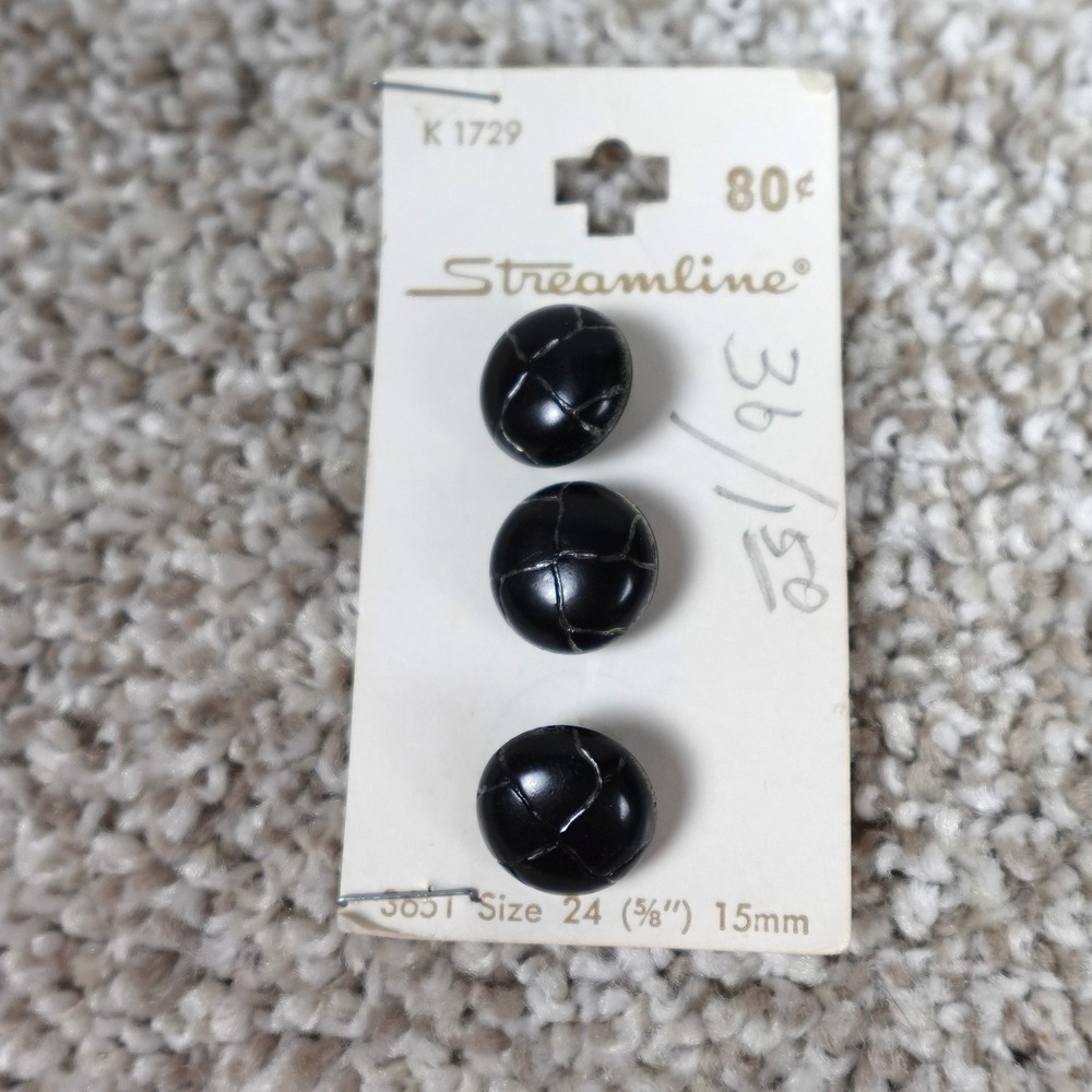 Vintage Streamline Black Textured Domed Buttons Size 24 15mm Made in Italy 3pc